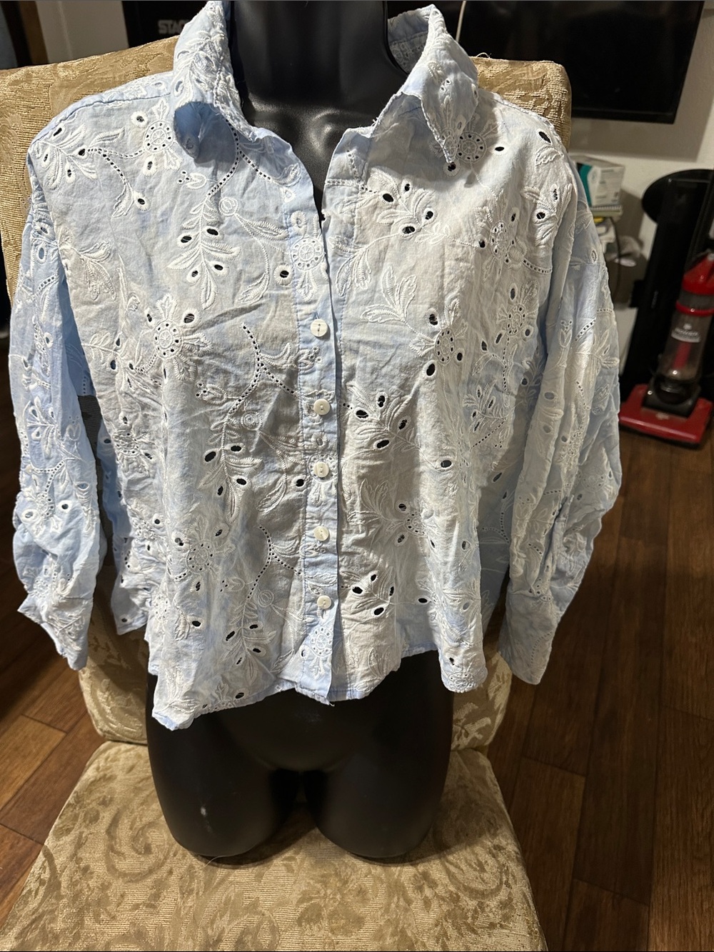 Light Blue Eyelet Button-Up Shirt - Women